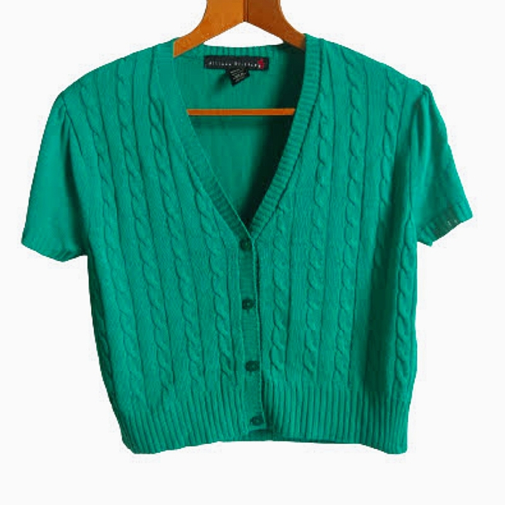 Women's Green Cropped Short Sleeve V-Neck Cardigan NWOT Size S Small